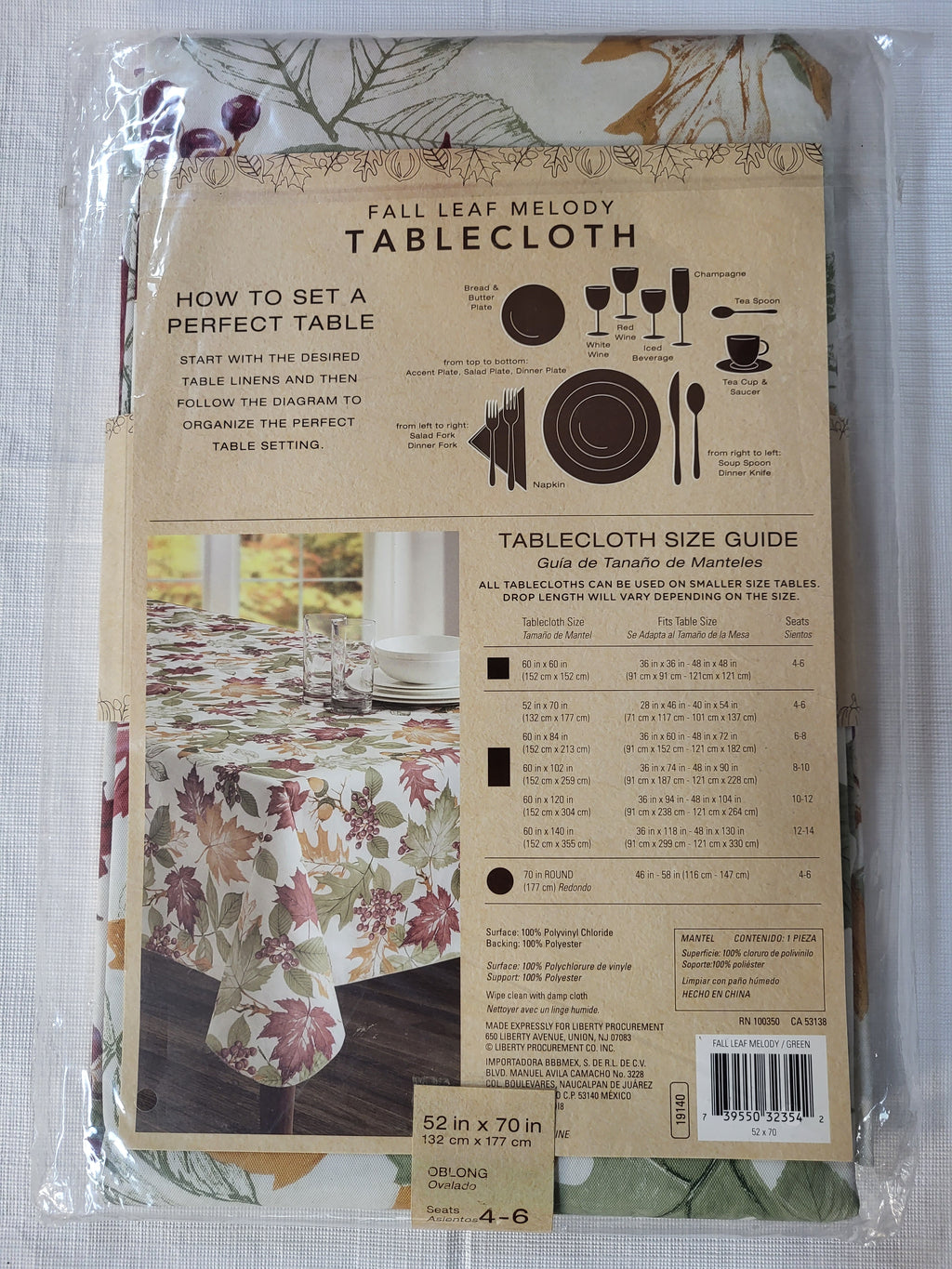 BED BATH & BEYOND Oblong 52"in x 70"in Vinyl Tablecloth Fall Leaf Melody