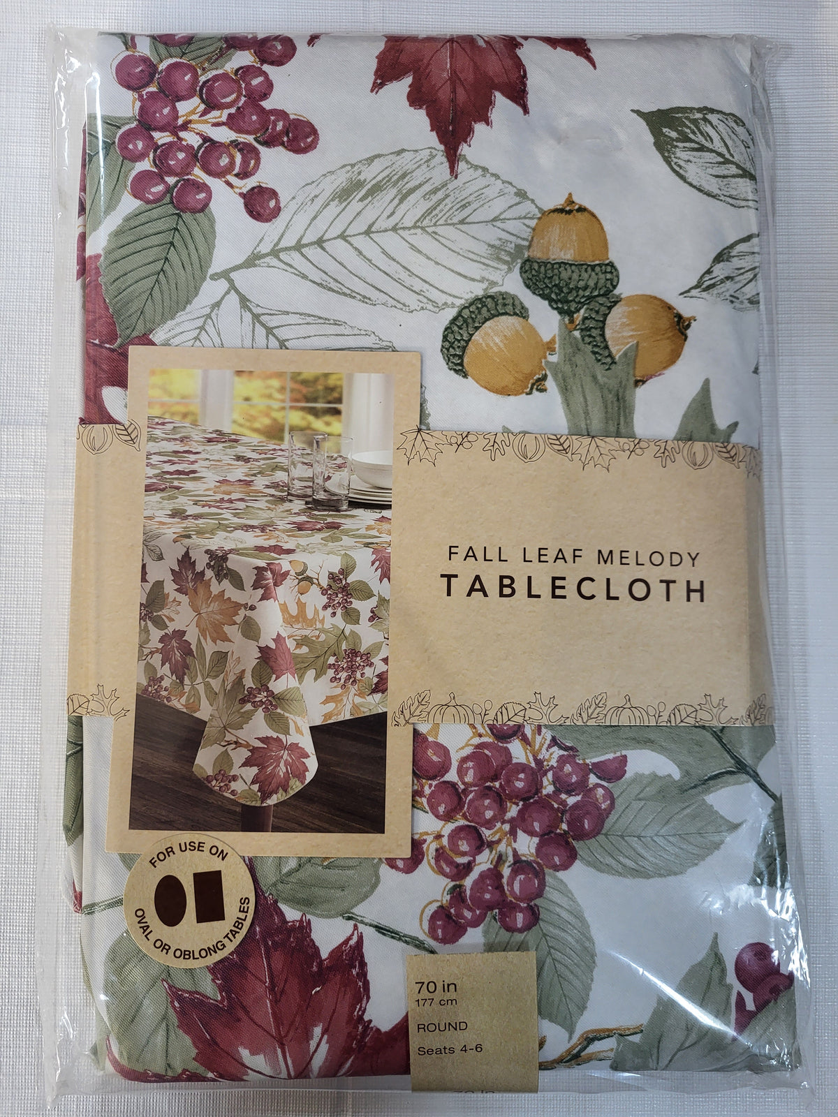 BED BATH & BEYOND 70" Round Vinyl Tablecloth Fall Leaf Melody -Fall Leaves Acorn