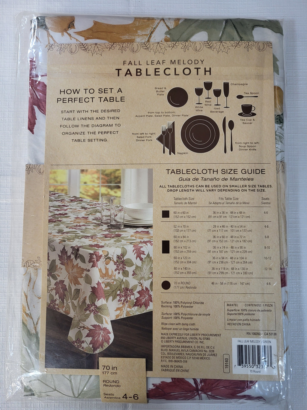 BED BATH & BEYOND 70" Round Vinyl Tablecloth Fall Leaf Melody -Fall Leaves Acorn