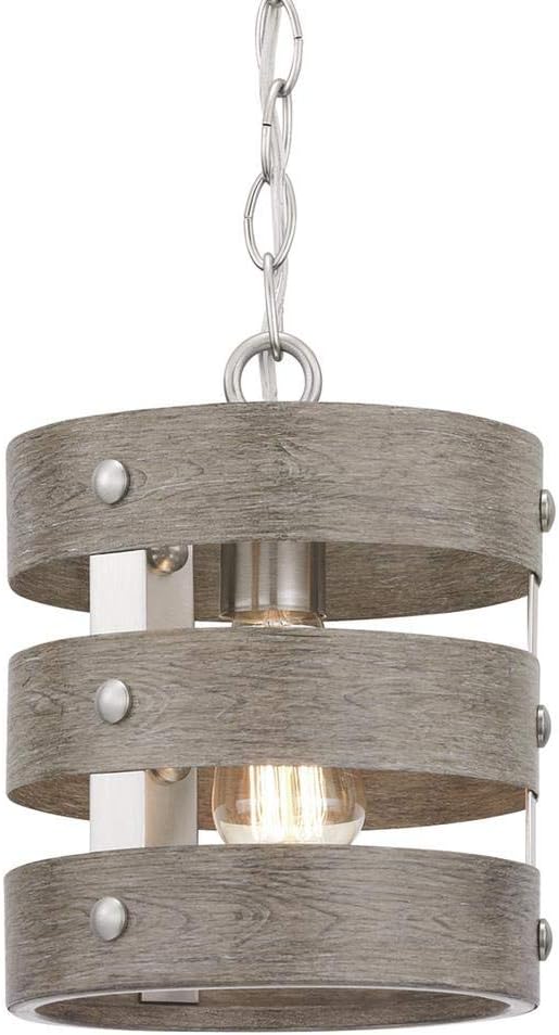 Gulliver 1-Light Brushed Nickel Mini-Pendant with Weathered Gray Wood Accents