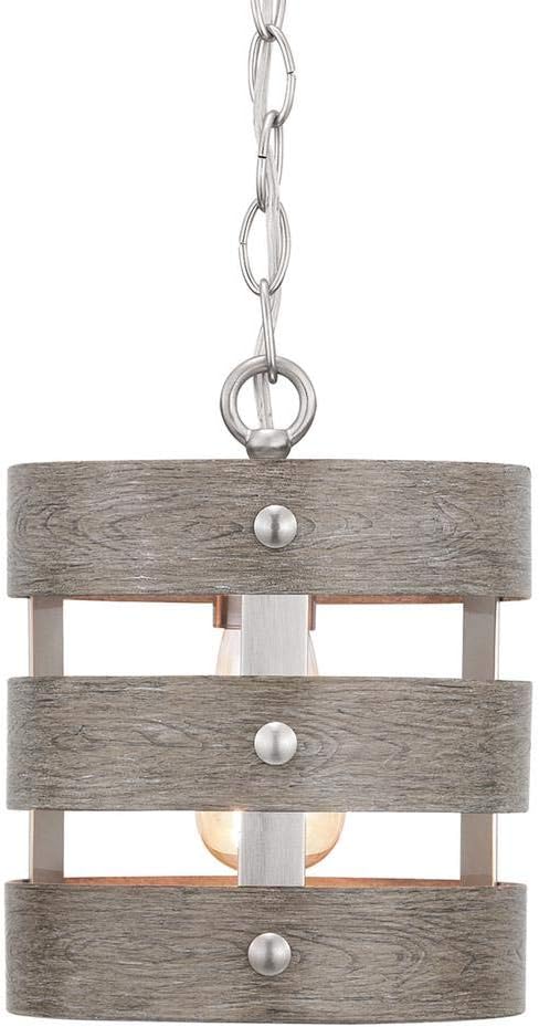 Gulliver 1-Light Brushed Nickel Mini-Pendant with Weathered Gray Wood Accents