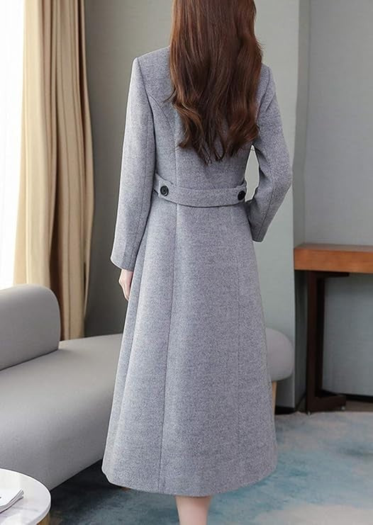 Women's Maxi Long Wool Blend Trench Coat Collar Double Breasted Grey Medium
