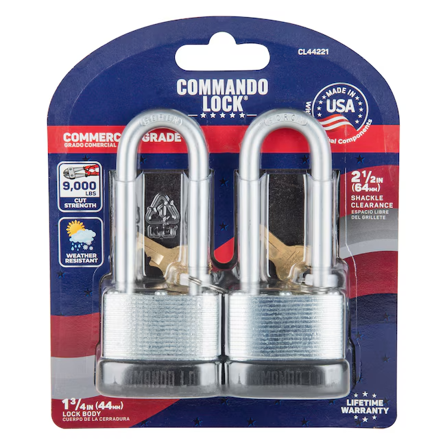 Commando Lock Made In U.S.A Keyed Padlock 1-3/4" Wide x 2-1/2" Shackle 2 -Pack