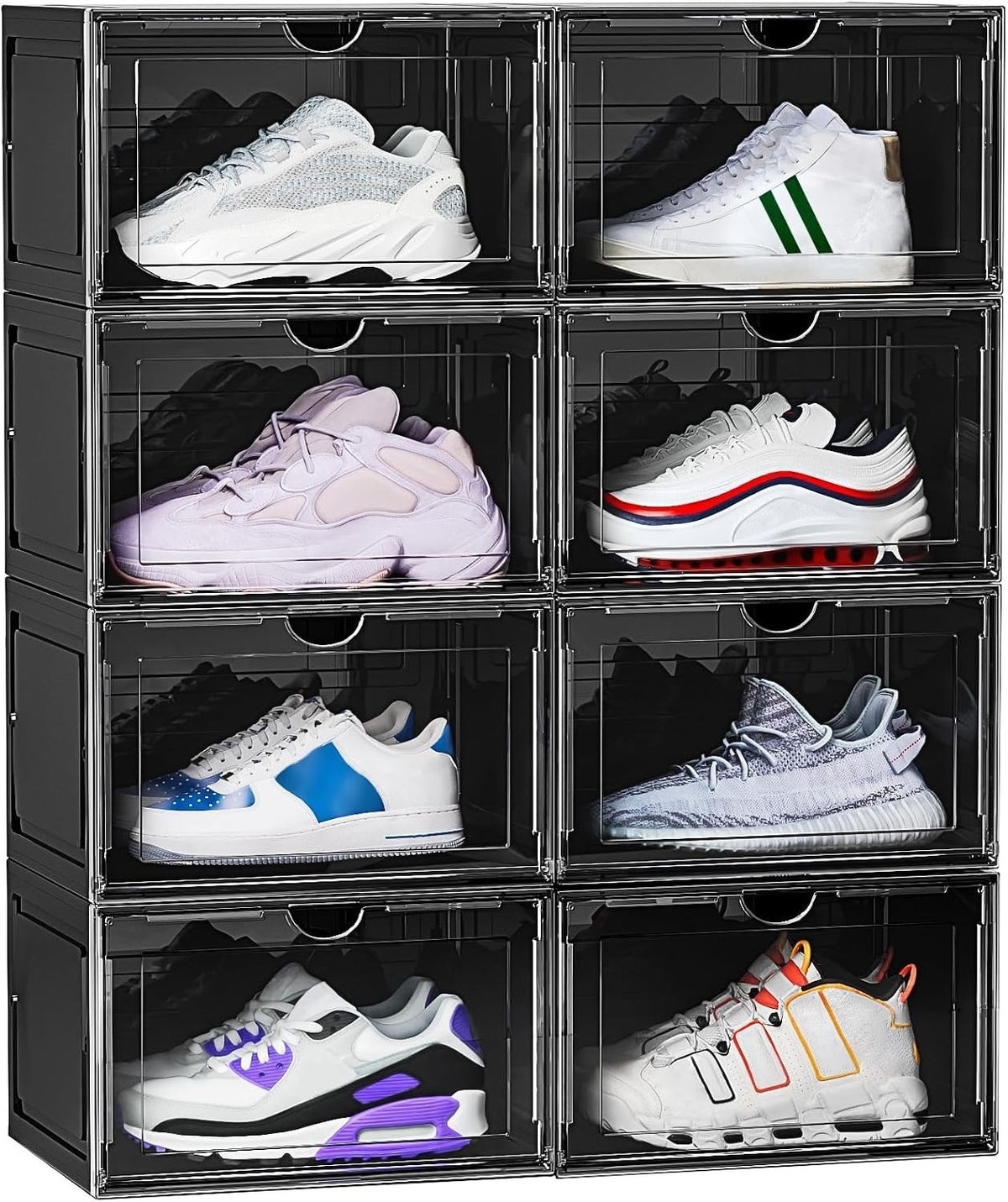 8 Pack XL US 13 Black Shoe Boxes 13.4”x10.6”x8.3” in Clear Plastic Magnetic Door