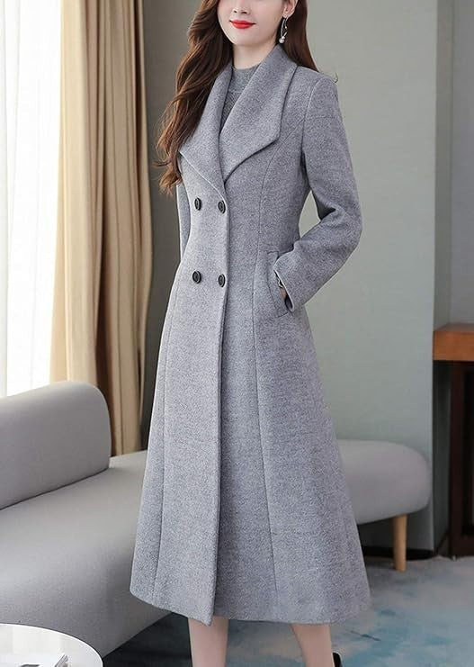 Women's Maxi Long Wool Blend Trench Coat Collar Double Breasted Grey Medium