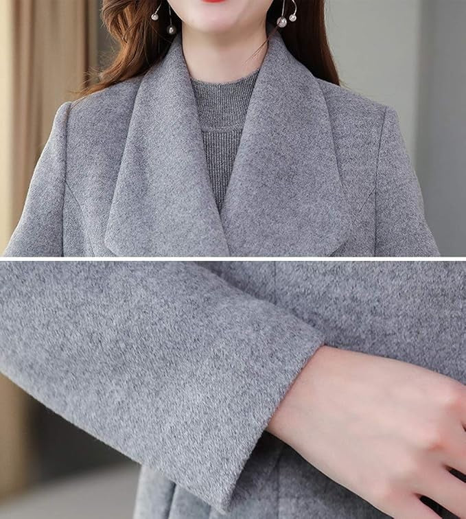 Women's Maxi Long Wool Blend Trench Coat Collar Double Breasted Grey Medium