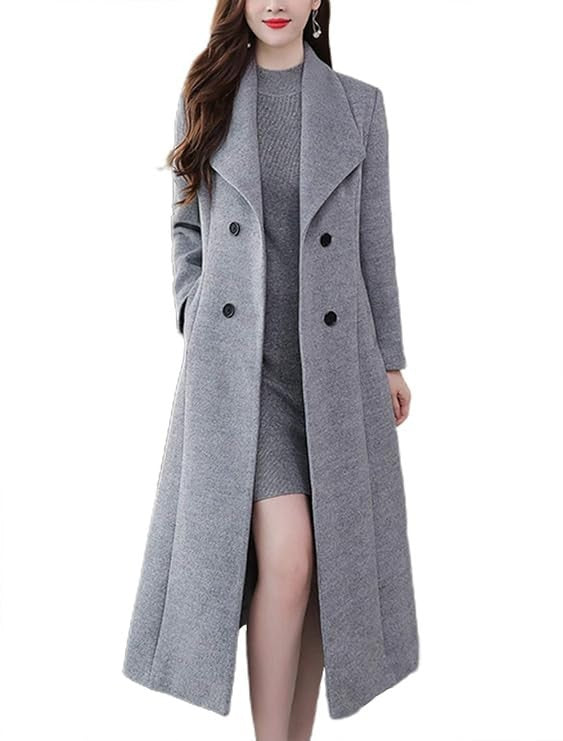 Women's Maxi Long Wool Blend Trench Coat Collar Double Breasted Grey Medium
