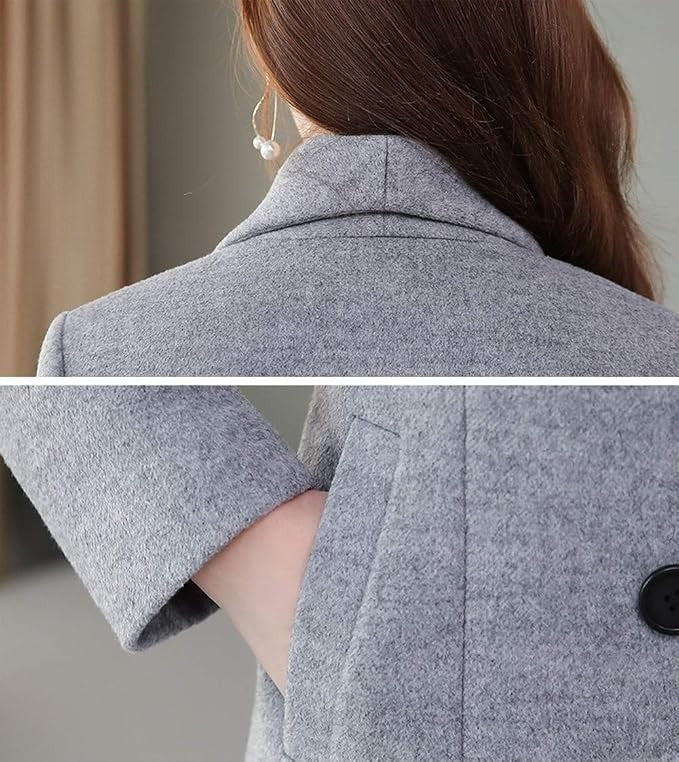 Women's Maxi Long Wool Blend Trench Coat Collar Double Breasted Grey Medium
