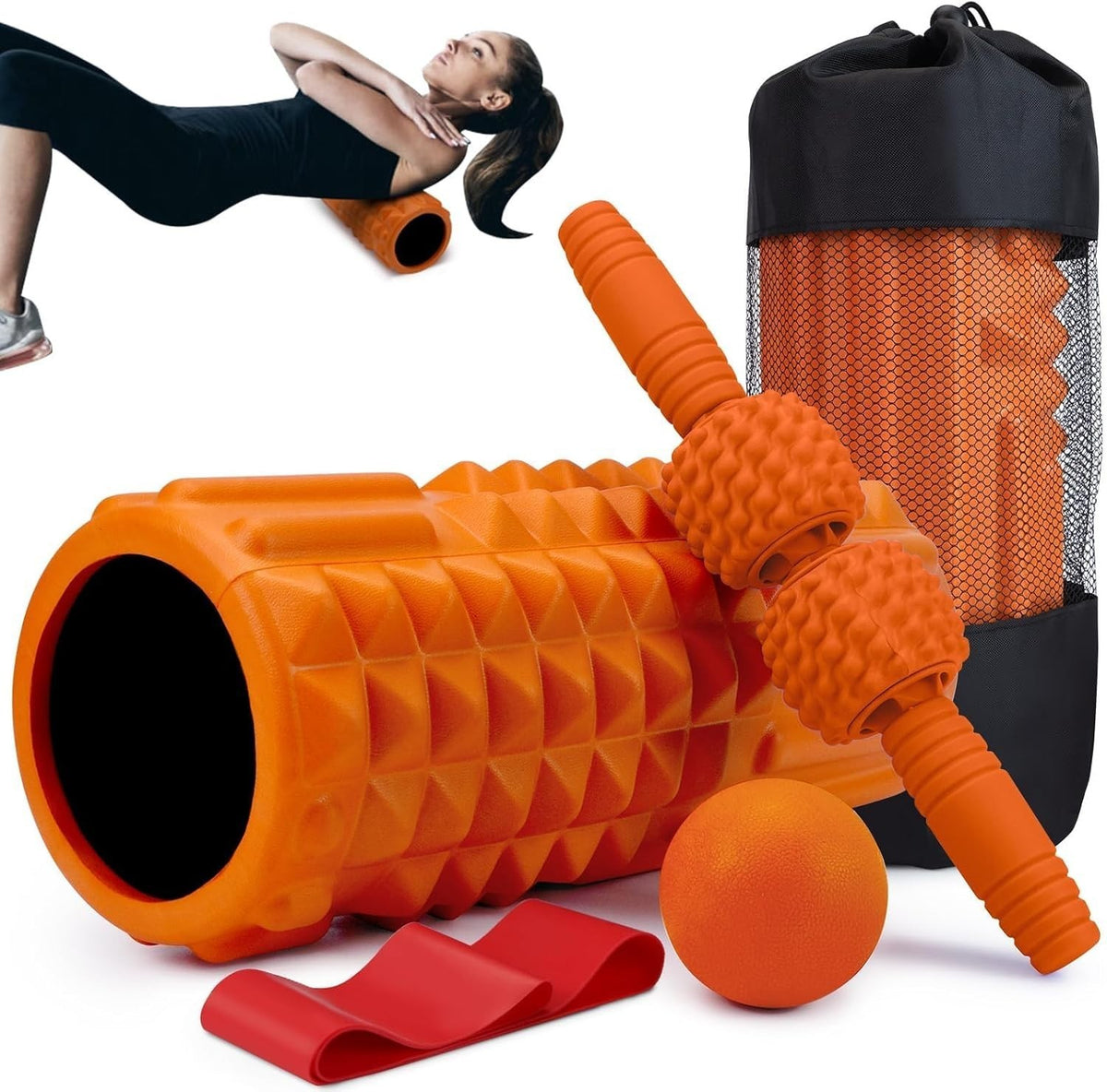 5-in-1 Massage Foam Roller, Massage Ball, Roller Stick, Resistance Band, Orange