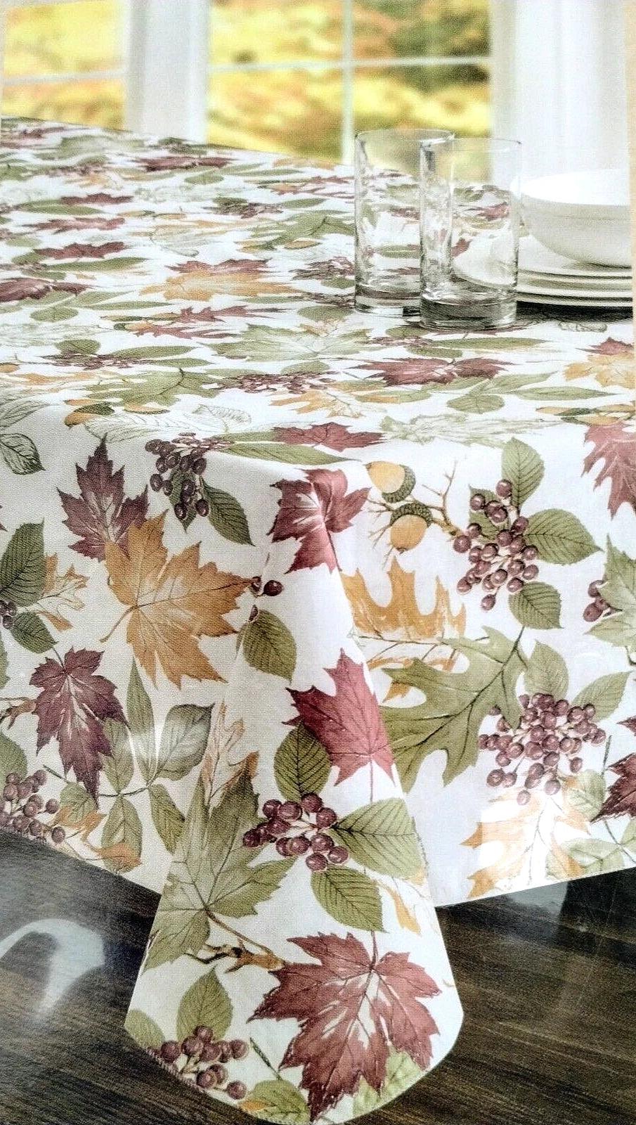 BED BATH & BEYOND 70" Round Vinyl Tablecloth Fall Leaf Melody -Fall Leaves Acorn